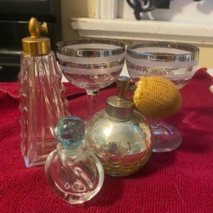 Collectors lot 5 vintage glass pieces.3 perfume bottles with 2 silver lined wine